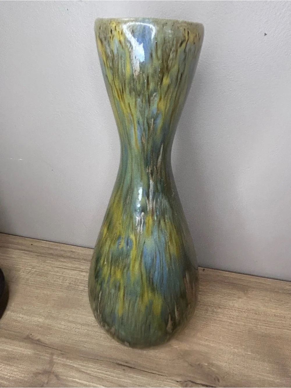 Vintage Green and Yellow Drip-Glaze Hourglass Vase